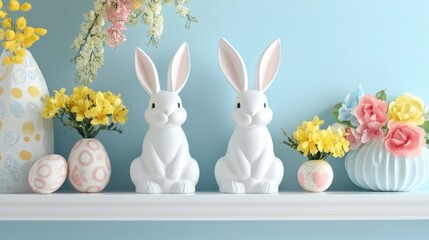 Easter-themed shelf decor with bunny statues, flowers, and hanging ornaments