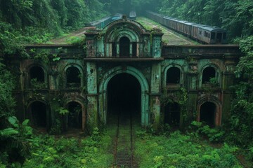 Abandoned railway station in a dense jungle reveals nature reclaiming old trains