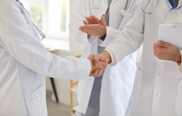 Close up cropped view of two professional doctors in white lab coats shaking hands in clinic....