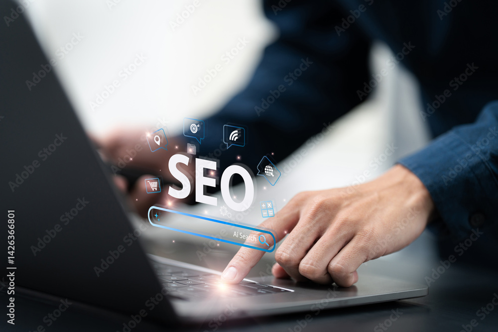Poster ai search and seo search engine optimization concept. businessman uses a laptop with an ai search as