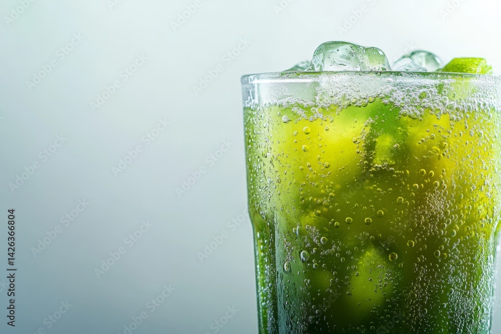 Poster refreshing green drink served in a chilled glass with ice and lime on a bright background