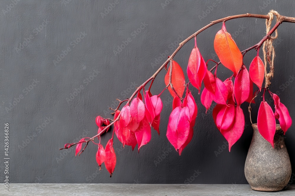 Poster Colorful branch with vibrant red leaves displayed in a simple vase against a muted background