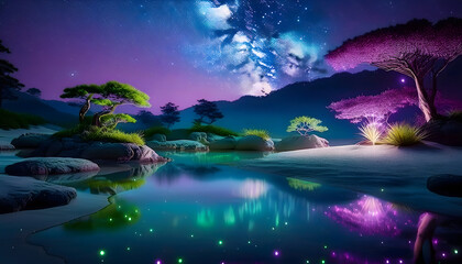 Surreal landscape with vibrant colors and reflective water