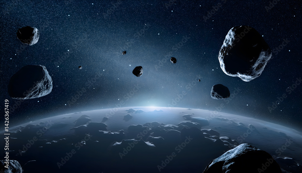 Poster A view of Earth surrounded by asteroids in space