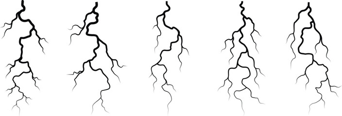 Vector lightning silhouettes set. Thunderstorm design. Vector illustration	