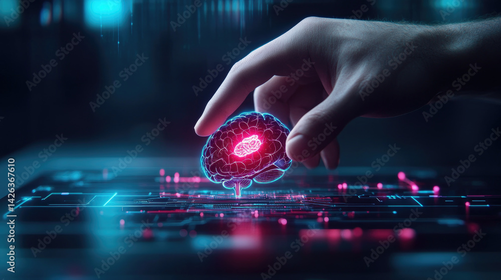 Poster exploring the interaction of futuristic ai and humans through touch advanced neural connections lumi
