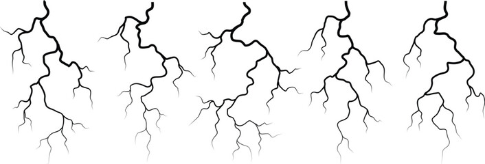 Vector lightning silhouettes set. Thunderstorm design. Vector illustration	