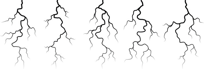 Vector lightning silhouettes set. Thunderstorm design. Vector illustration	