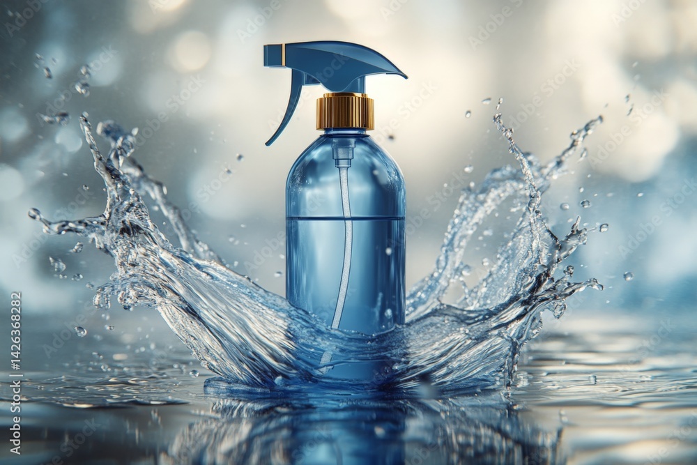 Leinwandbilder Blue spray bottle splashes in water, creating dynamic wave effects and capturing attention in tranquil setting