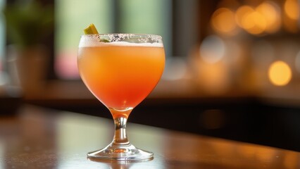 Elegant orange cocktail with a frothy top and spiced sugar rim, served in a coupe glass on a bar counter, glowing warmly in ambient indoor lighting.