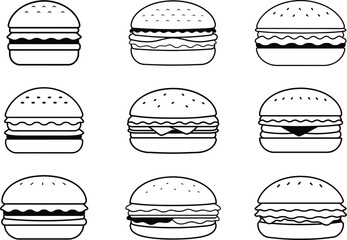 Burger Silhouette Icon Set – Black Fast Food Vector Illustration, fast food icons set, fast food collection, fast food icons set.