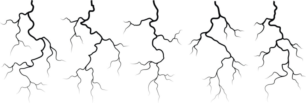 Vector lightning silhouettes set. Thunderstorm design. Vector illustration	