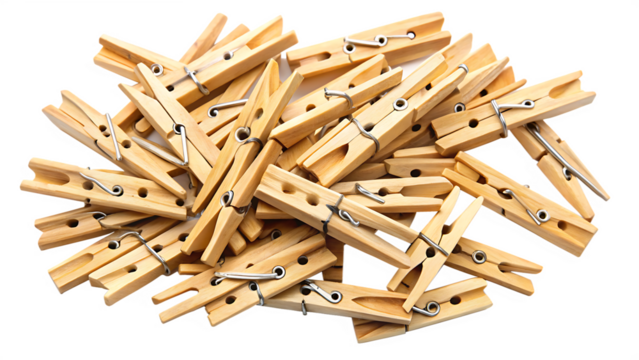 Wooden clothespins stacked together laundry pegs close up isolated on white background