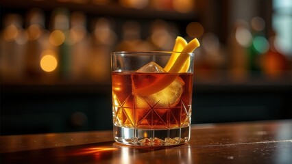 Classic dark cocktail with a large ice cube and lemon wedge, served in a crystal glass on a dimly lit bar counter, evoking a rich and sophisticated evening vibe.