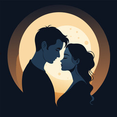 Silhouette of Romantic Couple Kissing Under the Moon