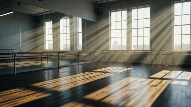 A serene dance studio illuminated by sunlight and reflections.