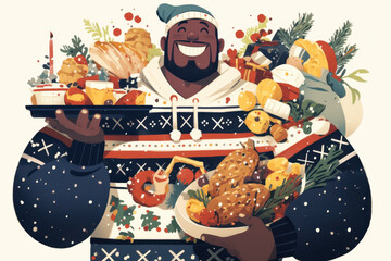 Man holds tray filled with colorful dishes during outdoor picnic, surrounded by lush greenery and laughing friends on a sunny day.