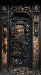 Old ornate building intercom, decaying wall, urban exploration, mystery