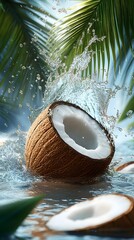Coconut splashing into tropical water with palm leaves, freshness, vitality, and exotic essence in nature concept