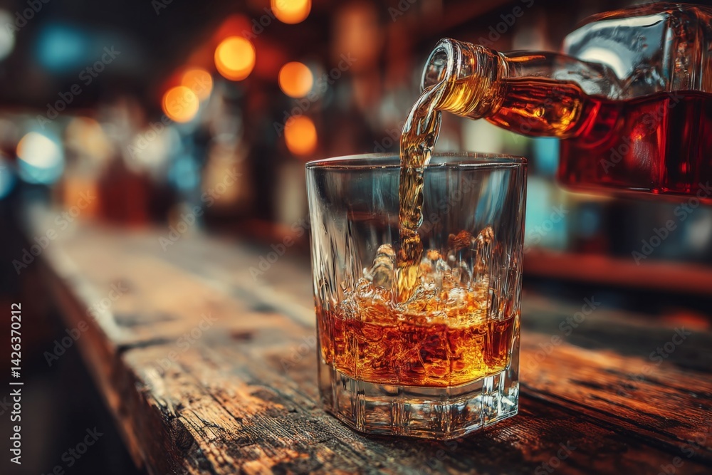 Aufkleber pouring whiskey into a glass at a cozy bar during evening hours in a rustic setting