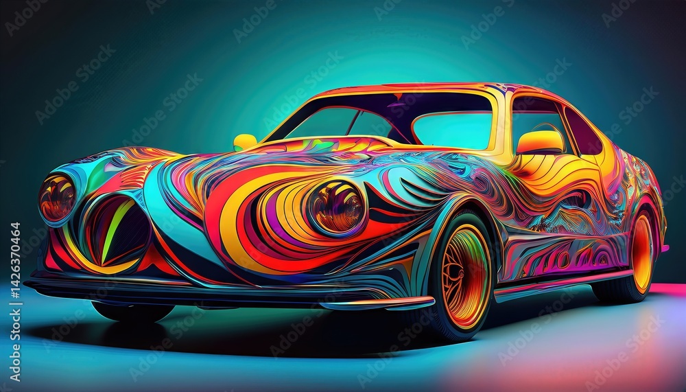 Poster bold abstract pattern transforms a vibrant car in a colorful urban landscape, blurring boundaries be