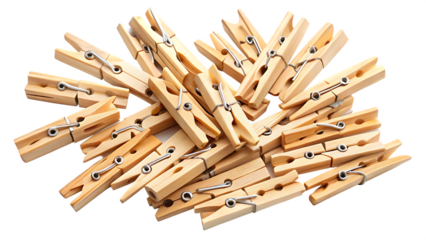 Pile of traditional wooden clothespins macro detailed shot isolated on white background 