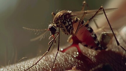 Naklejka premium Nasty Insect: Mosquito on Her Hand, Piercing Skin and Blood - Feeding