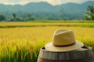 Golden rice paddy landscape with straw hat on barrel.