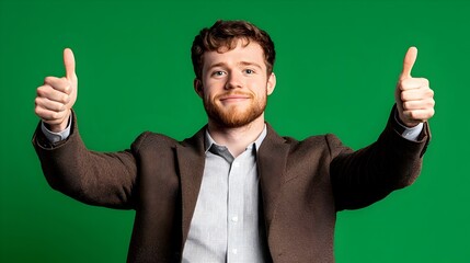 Happy man in brown jacket gives double thumbs up against green background