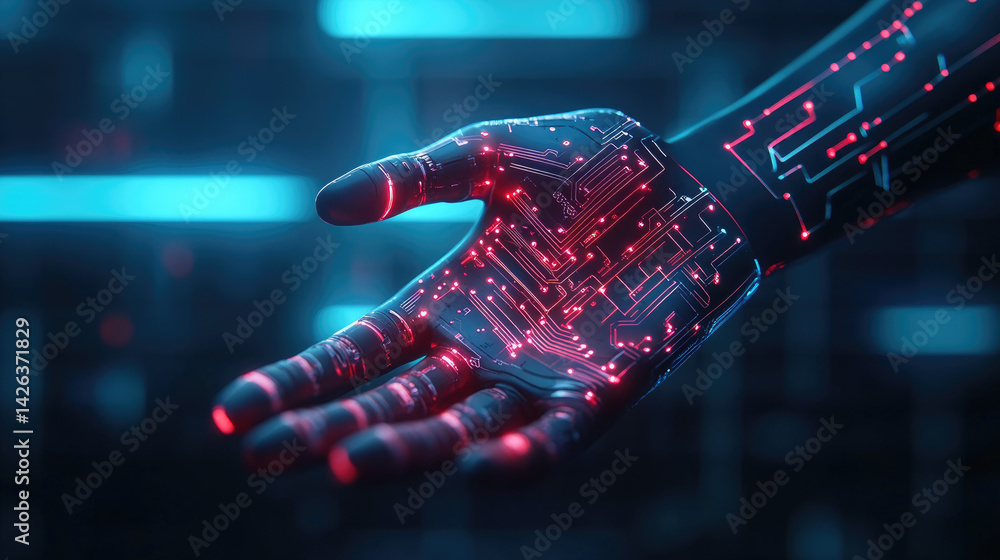 Poster robotic fingers reaching human palm tech intelligence visualization digital circuit background futur