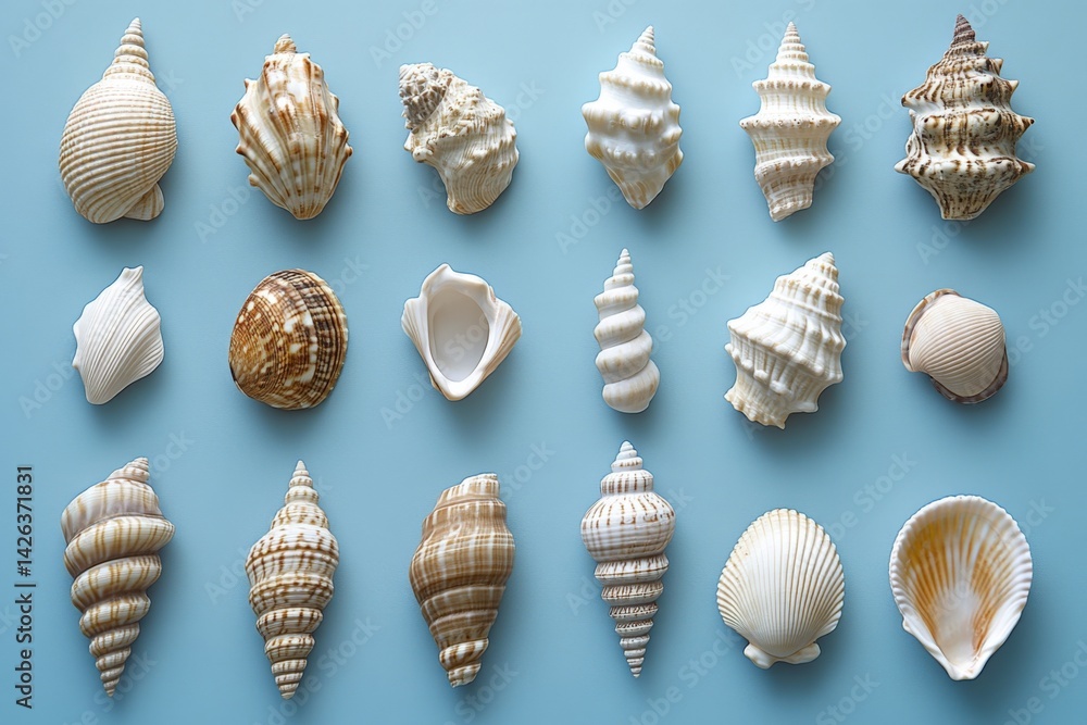 Poster diverse collection of seashells displayed on a blue background, showcasing intricate designs and tex
