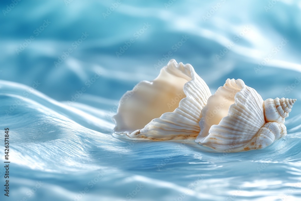 Poster Shell resting on gentle waves under soft sunlight at the beach in a calm coastal setting
