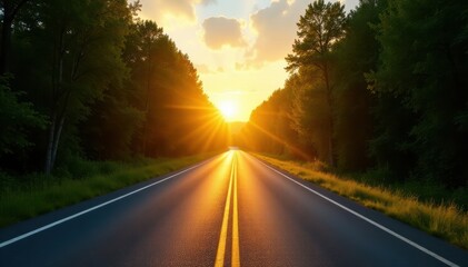 Naklejka premium Golden hour illuminates empty highway cutting through vibrant green woodland , vibrant, scenic