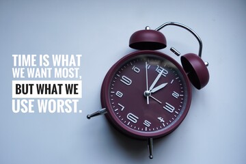 Inspirational life quote about time with a maroon clock on the side