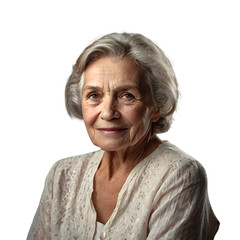 Portrait of senior elderly woman with gentle smile isolated on transparent background