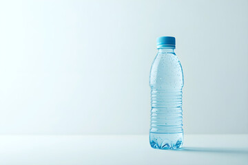 Plastic bottle of sparkling water standing on a light surface with minimal background. Copy space