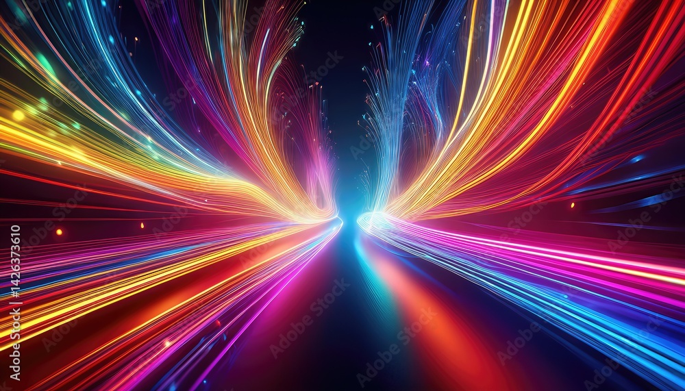 Poster vibrant neon fiber optic cables in rapid motion creating abstract patterns of multicolored lights an