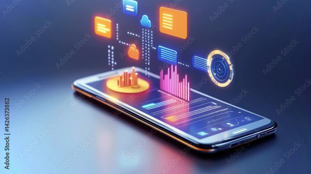 Poster holographic data visualization emerges from a smartphone in a futuristic technology concept
