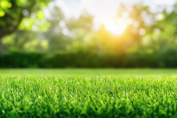 Fototapeta premium Lush green grass in sunlight, blurred trees background