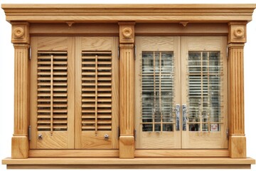 Decorative wooden window with shutter design and glass display case in natural finish ideal for interior aesthetics