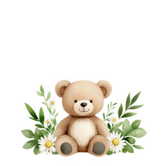 A cute teddy bear surrounded by cheerful flowers and greenery. isolated against a transparent background.