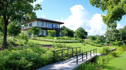 Fototapeta premium Two Story Beige House on Lush Green Hill with Stone Path