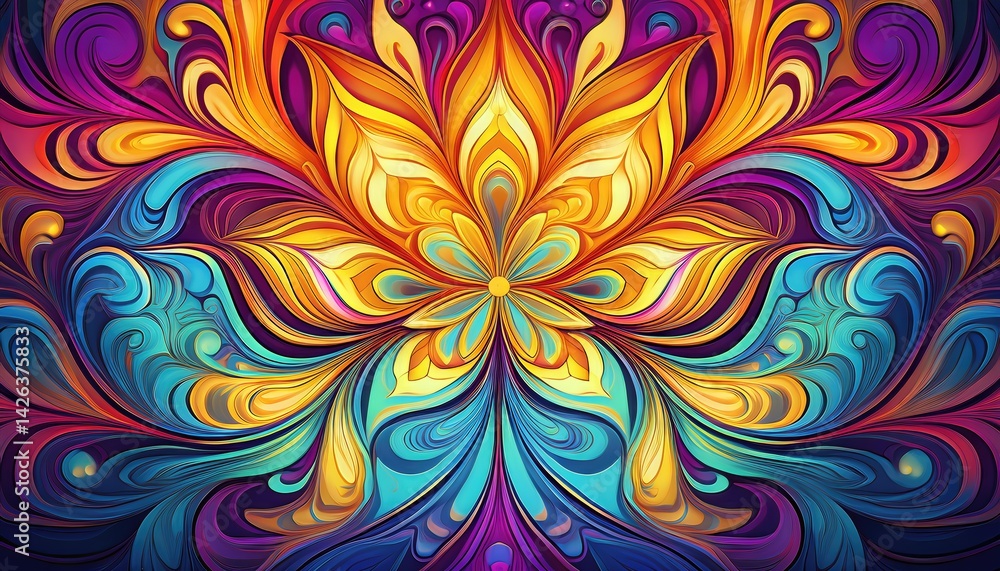 Poster vibrant symmetrical abstract artwork swirling colors and patterns in a kaleidoscopic universe of rad