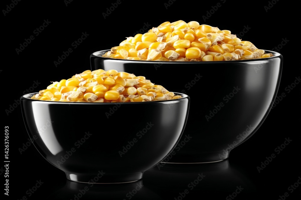 Poster yellow corn kernels in black bowls set against a dark background showcasing freshness and texture