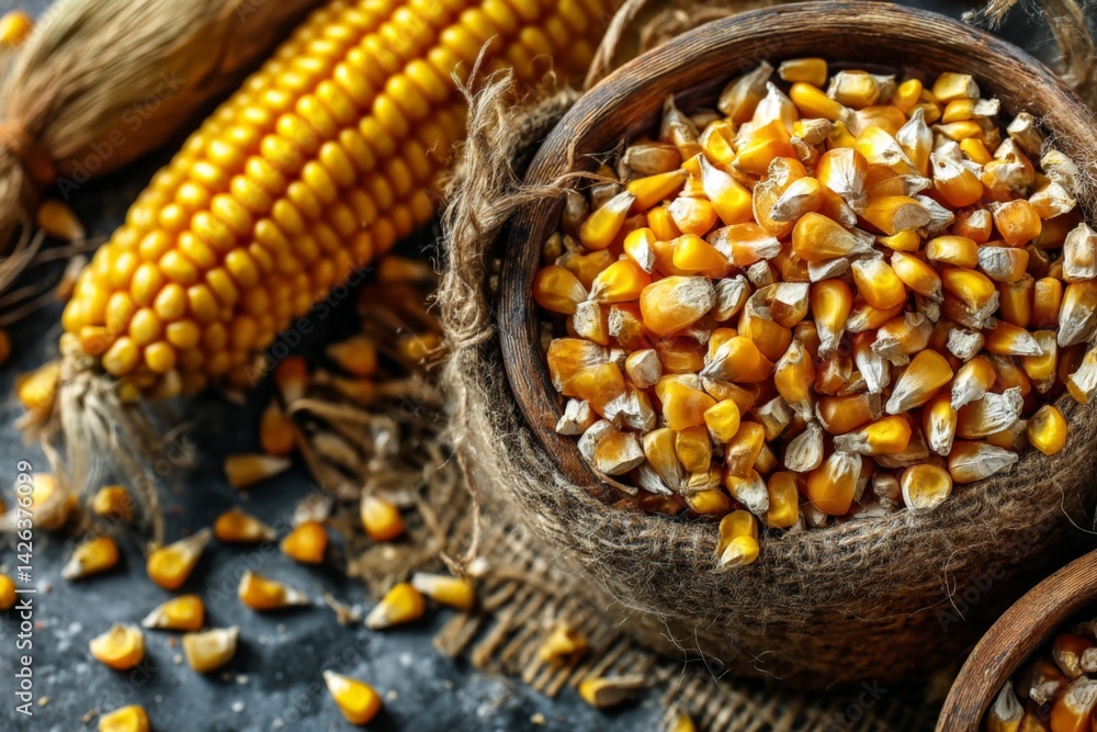 Poster bright yellow corn kernels and fresh ears of corn displayed in rustic bowls on a dark wooden surface