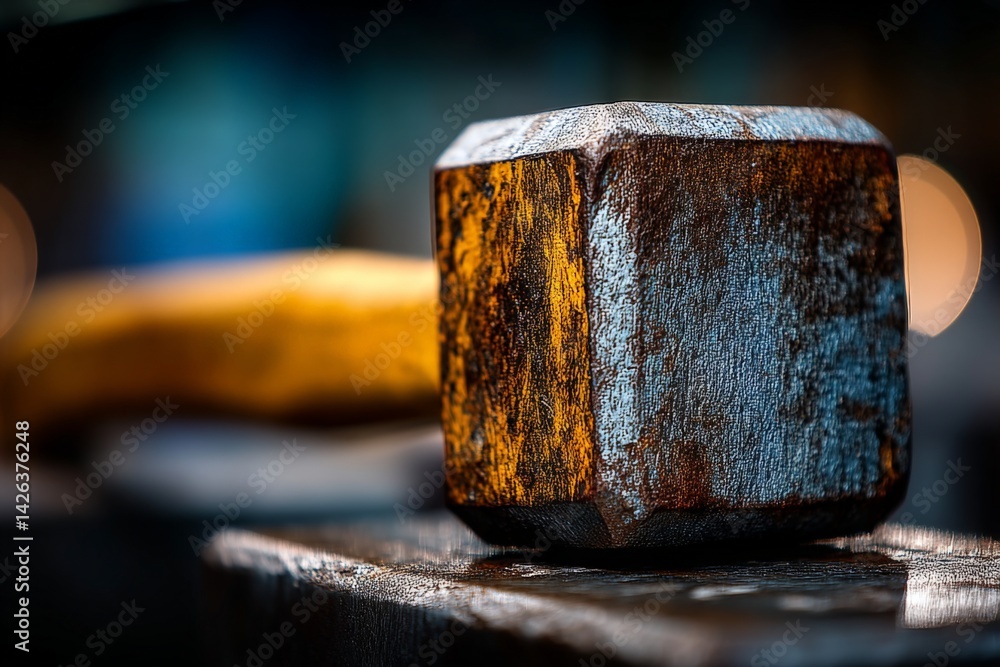 Poster metal hammer resting on a workbench in a workshop filled with warm light and tools in the background