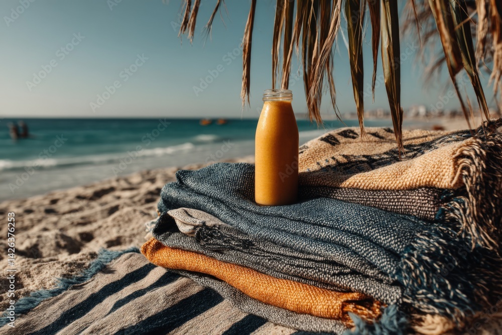 Poster Enjoying a refreshing drink by the beach on a sunny day with towels and waves in the background