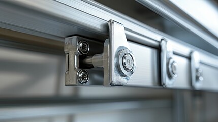 Close-up view of a stainless steel sliding door mechanism.