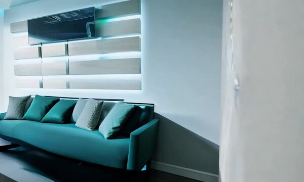 Interior dengan sofa biru 