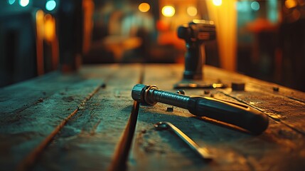 Workshop tools arranged on a weathered workbench.